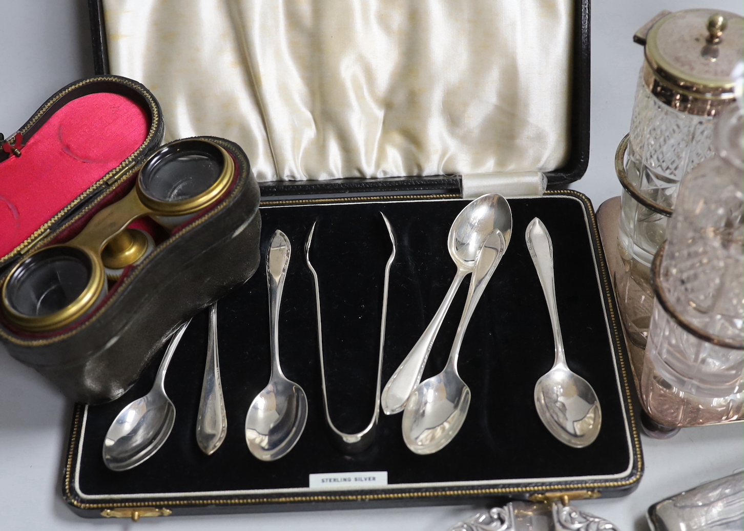 A pair of George III tablespoons, London 1804,a silver and enamel trinket box, Birmingham, 1929, diameter 59mm and other silver and plated items.